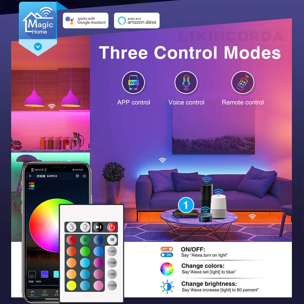 Striscia LED 5M, WiFi Luci LED Colorate Smart Phone Strisce LED Compatibile RGB SMD 5050 Musica SYNC LED Strip Controllo App E 24 Tasti Telecomando RF per Casa Cucina Festa TV Decorazione,15M