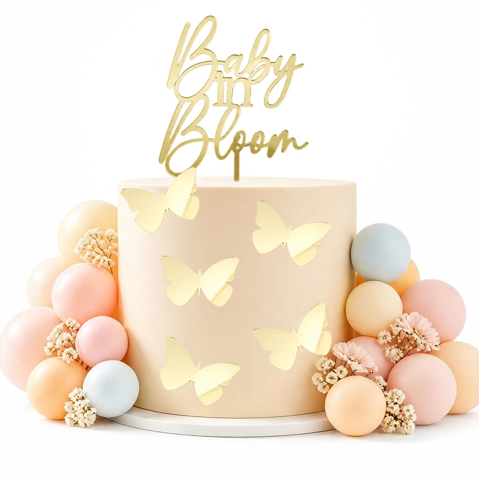 Oh Baby Cake Topper 7PCS Acrylic Gold Baby Shower Decorations with 6 Butterflies for Gender Reveal Christening Party (style4)