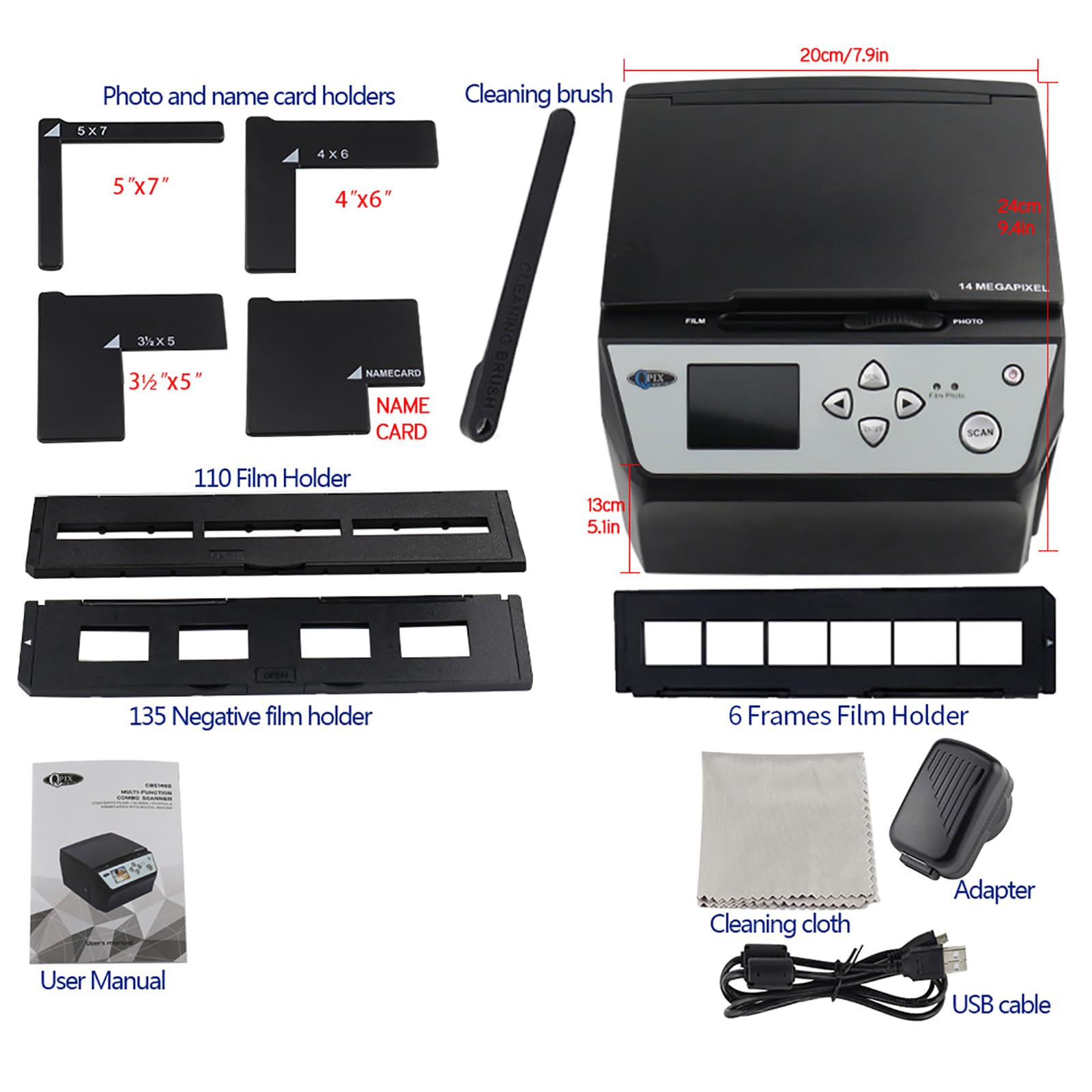 Escáner de película, convertidor de Diapositivas y Negativos de 22 MP con Pantalla LCD de 2,4", Convierte Diapositivas/Negativos de 135/35 mm y 110, Tarjetas de Visita a Archivos J