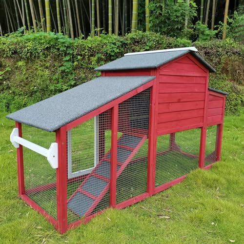 Chicken Coop and Run, Two Story Mobile Rabbit Hutch Indoor Outdoor, Wooden Hen House with Nesting Box Rabbit Cage on Wheels, Ramp, Deep No Leak Pull Out Tray, for Chick, Bunny(Red) - Thumbnail 6