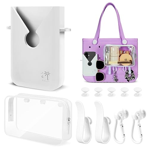 Sznauy 6PCS Compatible with Original Medium and Large Bogg Bag,Phone Holder for Inside and Outside of Bogg Bag Accessories,PVC Insert Bags,Hooks,and Keychain(White) - White