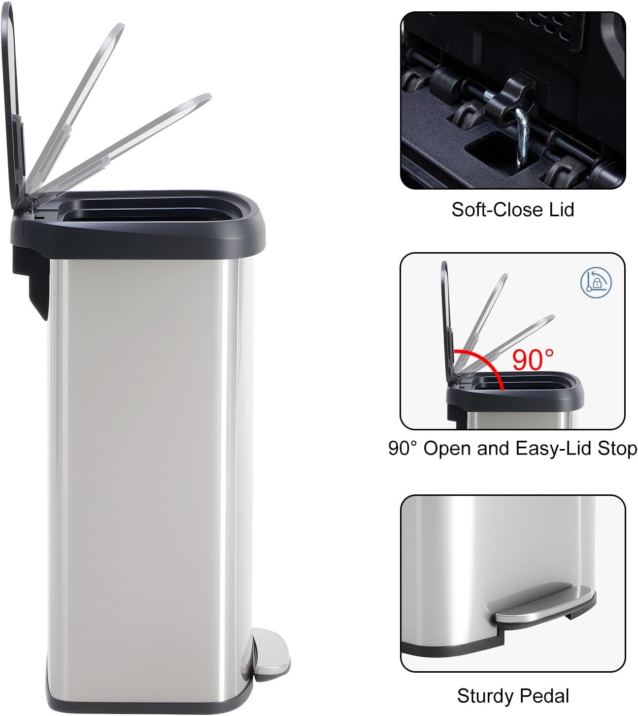 DUMOS 21 Gallon/80 Liter Kitchen Trash Can with Lid, Stainless Steel Garbage Can with Soft-Close Lid & Foot Pedal, Large Step-on Waste Bins Trash and Recycle Bin Combo for Home Office