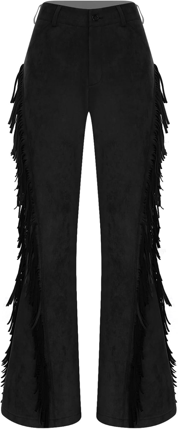 Linjinx Womens Fringed Cowgirl Pants Wide Leg Pants Tassels Faux Suede Flared Vintage Western Trousers
