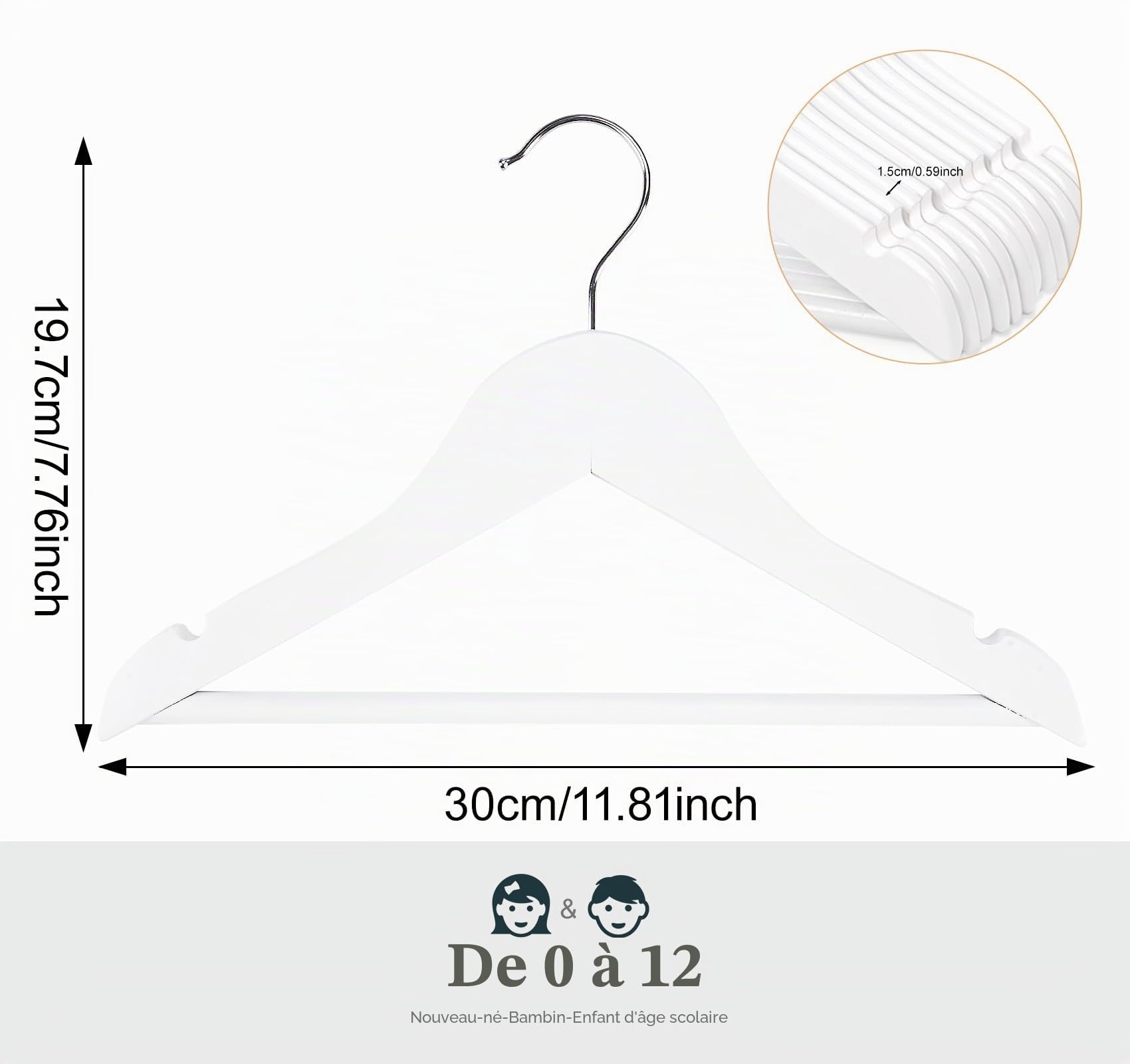 Homewit Lot de 12 cintres en bois pour enfants avec encoches antidérapantes et barre de pantalon, rotatifs à 360 °, pour vêtements de bébé et tout-petits - Blanc - 30 cm