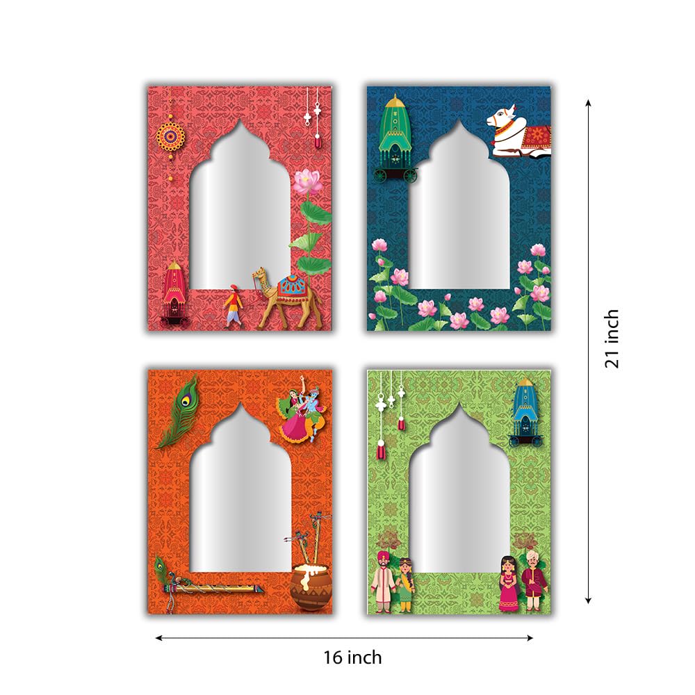 wallkriti Pine Indian Traditional Jharokha ?Wall Mount Rectangular Art Piece Set, 4 Pieces, Decorative Arch Design With Cultural Motifs, Multi-Colour, 30x20 cm1 1