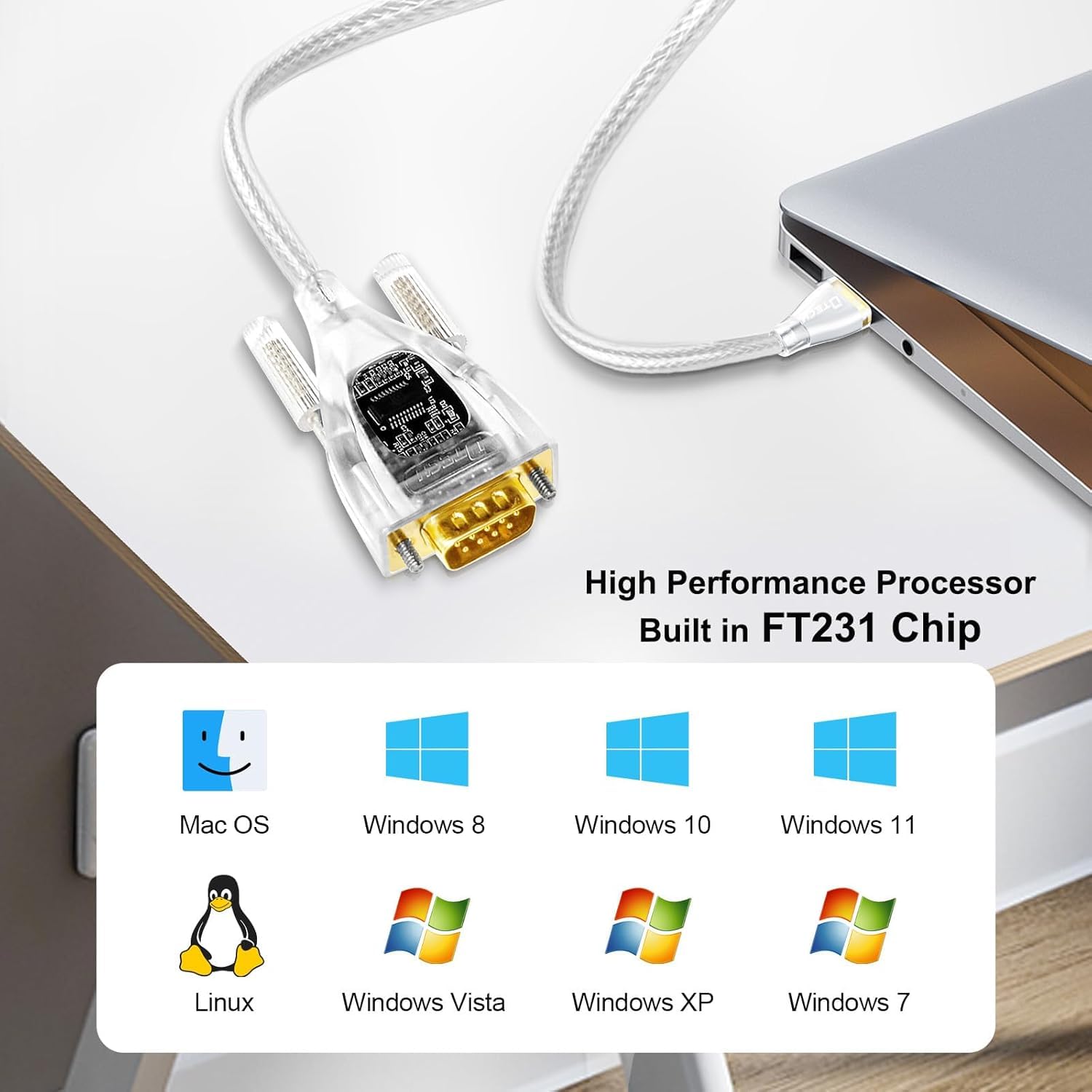 DTECH Cavo adattatore da USB a seriale FTDI Chip DB9 9 poli RS232 a USB con chipset FT231 supporta Windows 11 10 8 7 XP, Mac OS, Linux, rilevazione dati (0,5 m)