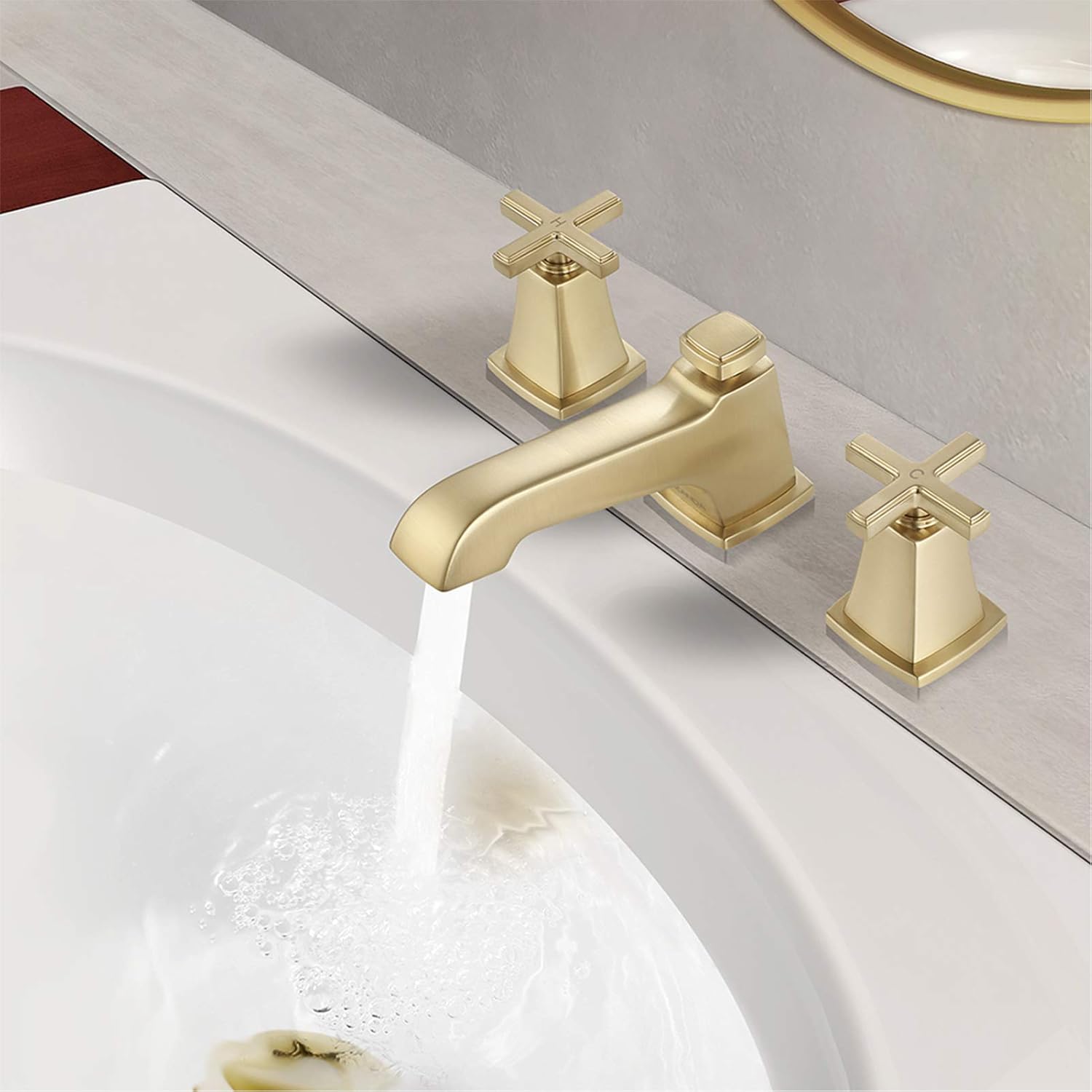 40% Off Discount NEWATER 2-Handle Widespread Brass Bathroom Sink Faucet Three Hole Lavatory Faucet with Metal Pop-up Drain Assembly & Supply Lines，Brushed Gold