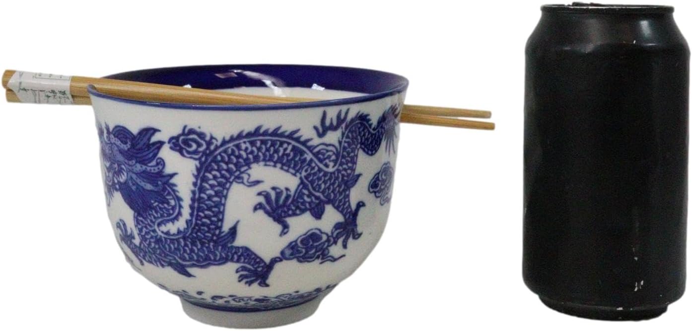 Ebros Gift Artistic Donburi Ramen Udon Noodles Soup Salad 5" D 18Oz Bowl With Bamboo Chopsticks And Built In Rest Set Asian Dining Kitchen Accent (Blue And White Oriental Ryu Dragon King) image 5