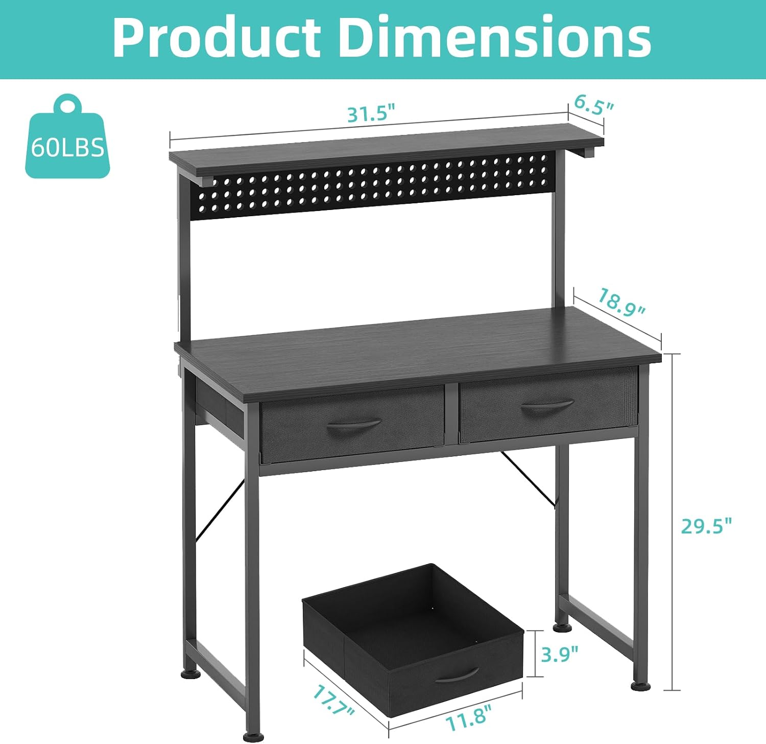 Diagram showing dimensions of the Flrrtenv Computer Desk