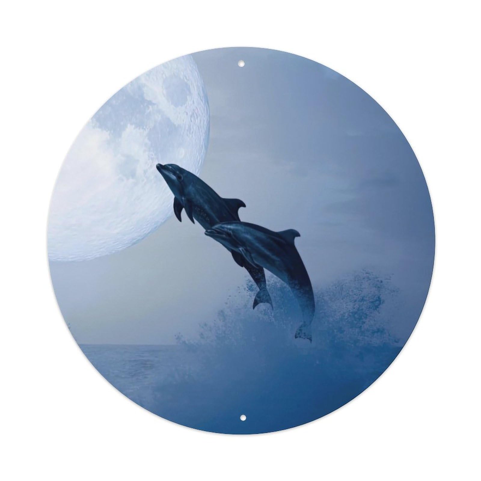 Animals Artwork Dolphins in The Moonlight Vintage Metal Tin Sign Plaque Wall Decor for Cafe, Club Bar, Office, Garden Metal Poster 8x8Inch