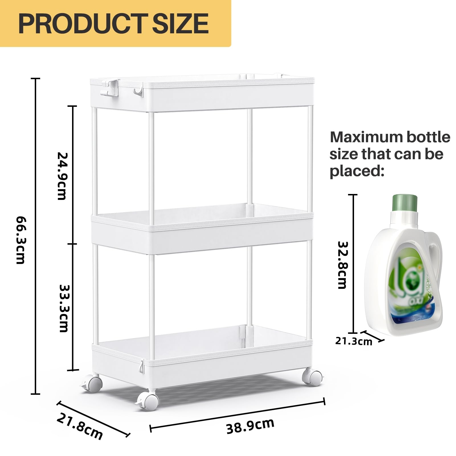 SPACEKEEPER Chariot de Rangement Coulissant à 3 Niveaux sur roulettes - Étagère Multifonction pour Bureau, Cuisine, Chambre, Salle de Bain, buanderie et commodes, Blanc