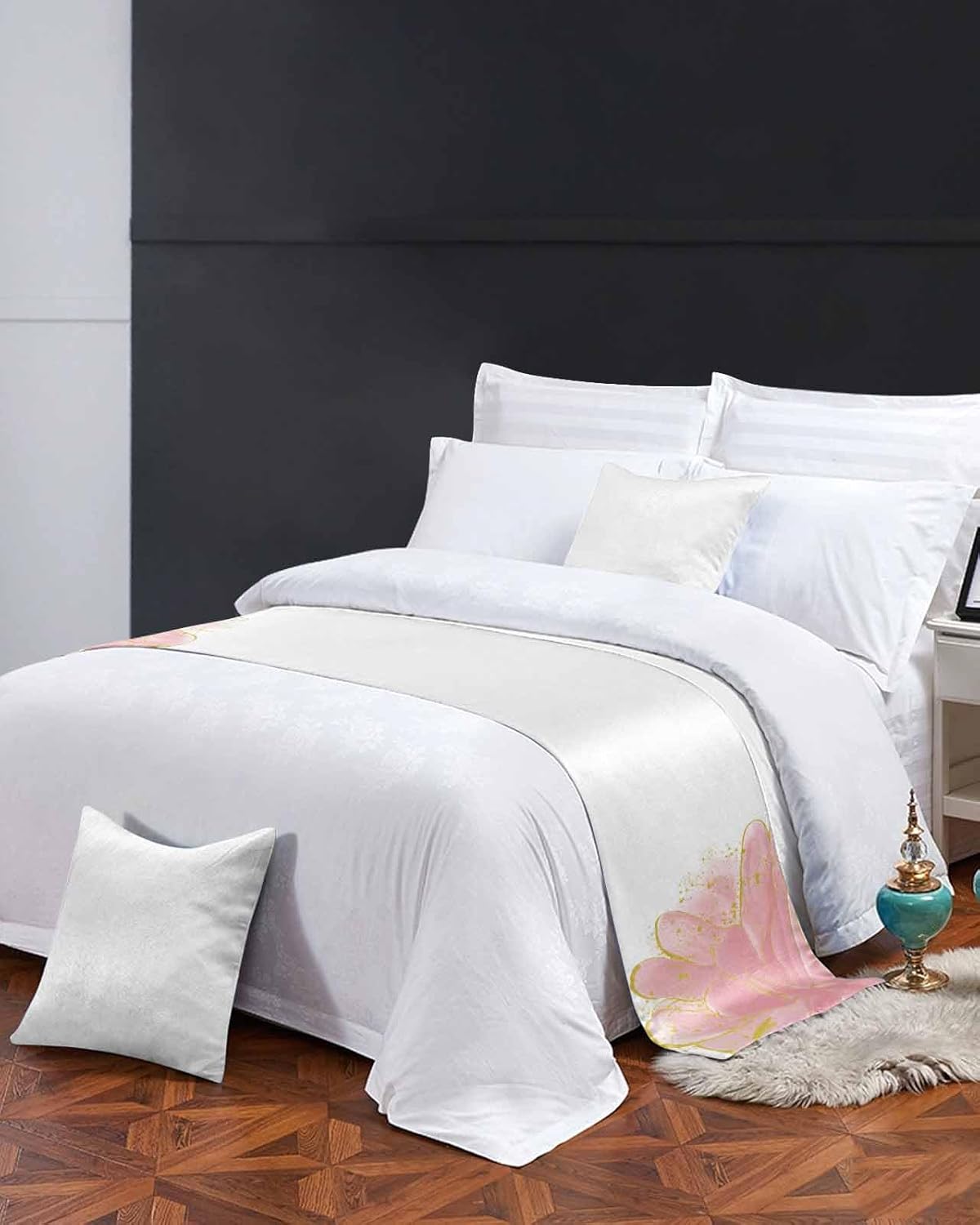 Blush Pink Gold Bed Runner for Full/ Queen Size Bed, Bedspread Protector Slipcover Bed Scarf for Foot Bed Runners & Scarves for Bedroom Hotel Wedding Room 83x20 Inches Abstract Contemporary Flower Art