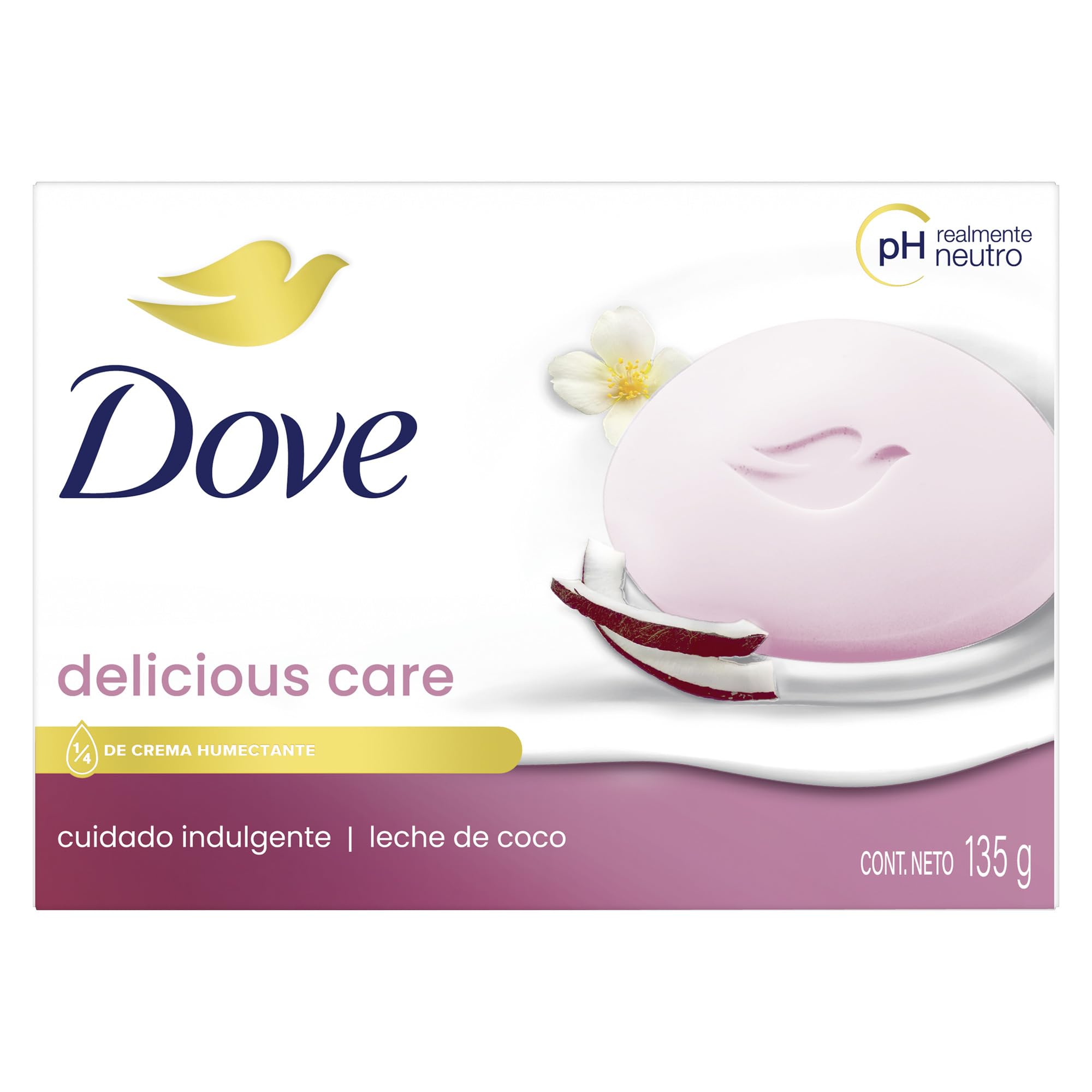 Dove Jabón en Barra Corporal, Cara y Manos Delicious Care Neutro. Jabón de baño hecho con leche de coco, jazmín y crema humectante, 1 pza, 135 g - 135 g (Paquete de 1)
