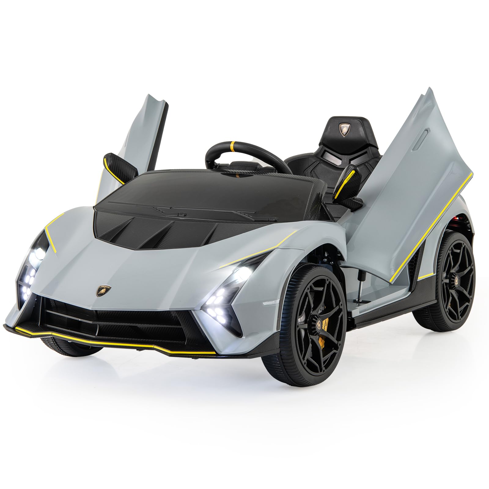 COSTWAY 12V Kids Electric Ride on Car with Remote Control, LED Lights, Music, USB/FM, Hydraulic Doors, 4 Motors Licensed Lamborghini Battery Powered Toy Vehicle for Boys Girls (Grey)