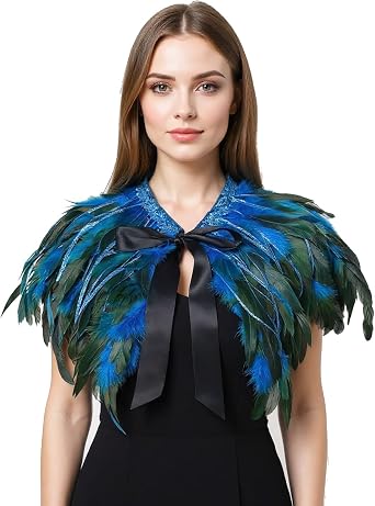 Sequin Feather Cape Collar for Women Shoulder Shawl Cloak with Ribbon Tie Christmas Party Costume Accessory