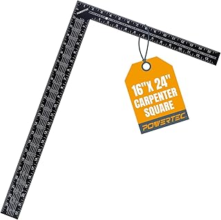 POWERTEC Framing Square, 16'' x 24'' Carpenter Square with Rafter Tables, Woodworking Square for Carpenter, Woodworking, Construction, Stair Gauges (80008W)