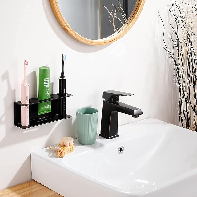 Fayaww Electric Toothbrush and Toothpaste Holder Wall Mounted Toothbrush Gravity Holder Self Adhesive for Bathroom,Metal Electric Toothbrush Holder No Drilling for 2,Rust Proof,Black
