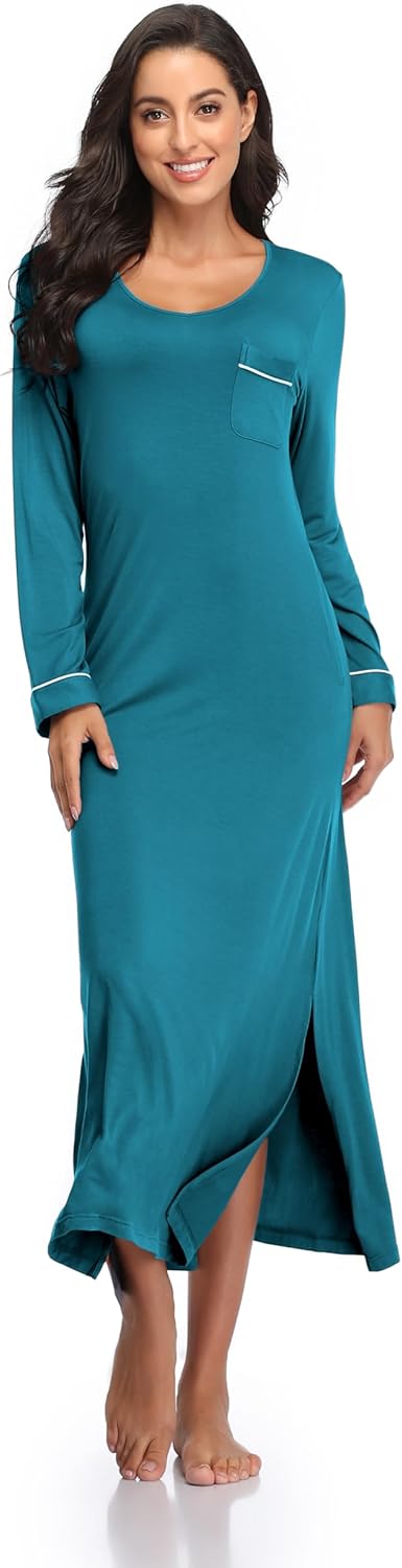 COLORFULLEAF Nightgowns for Women Long Sleeve V Neck Nightshirts Soft Full Length Sleepwear with Pockets - Image 3