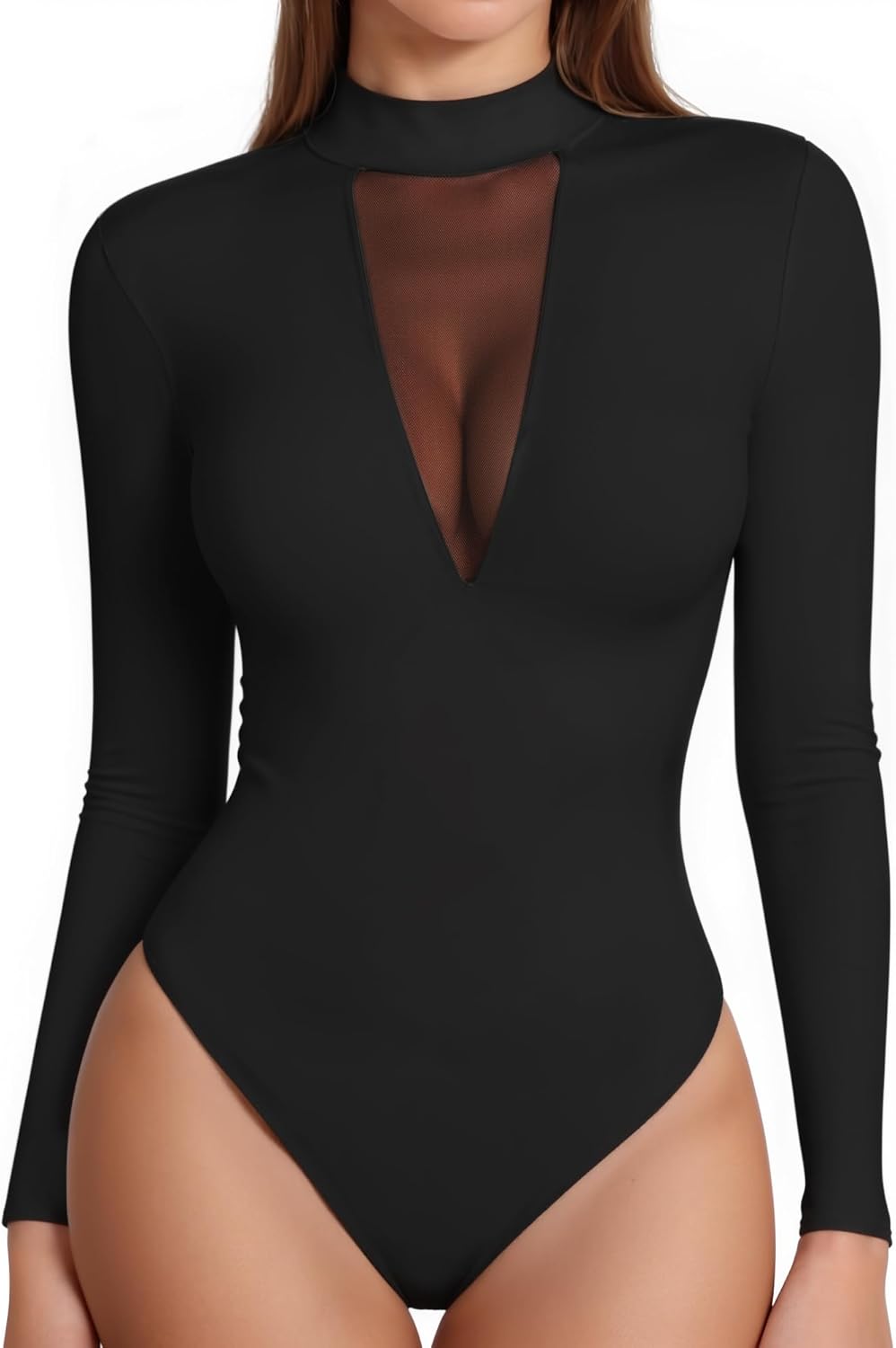 MANGOPOP Long Sleeve Body Suit Mock TurtleNeck Bodysuit for Women Mesh Deep V Bodysuit Tops
