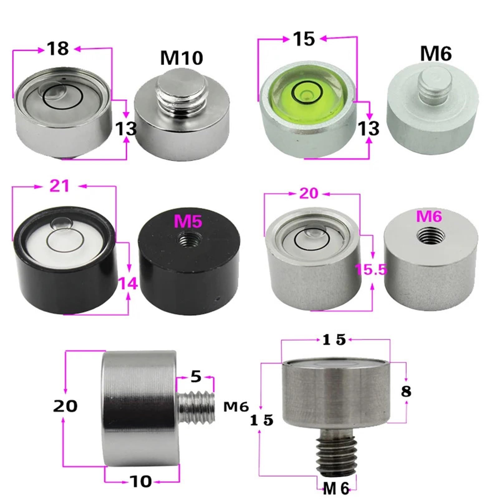 Mini niveau à bulle Bullseye, diamètre de perle 13mm à 30mm avec vis M5 M6 M10 1/4 3/8 pouces, outil de nivellement avec pignon 1 pièces(D17-1-4W)