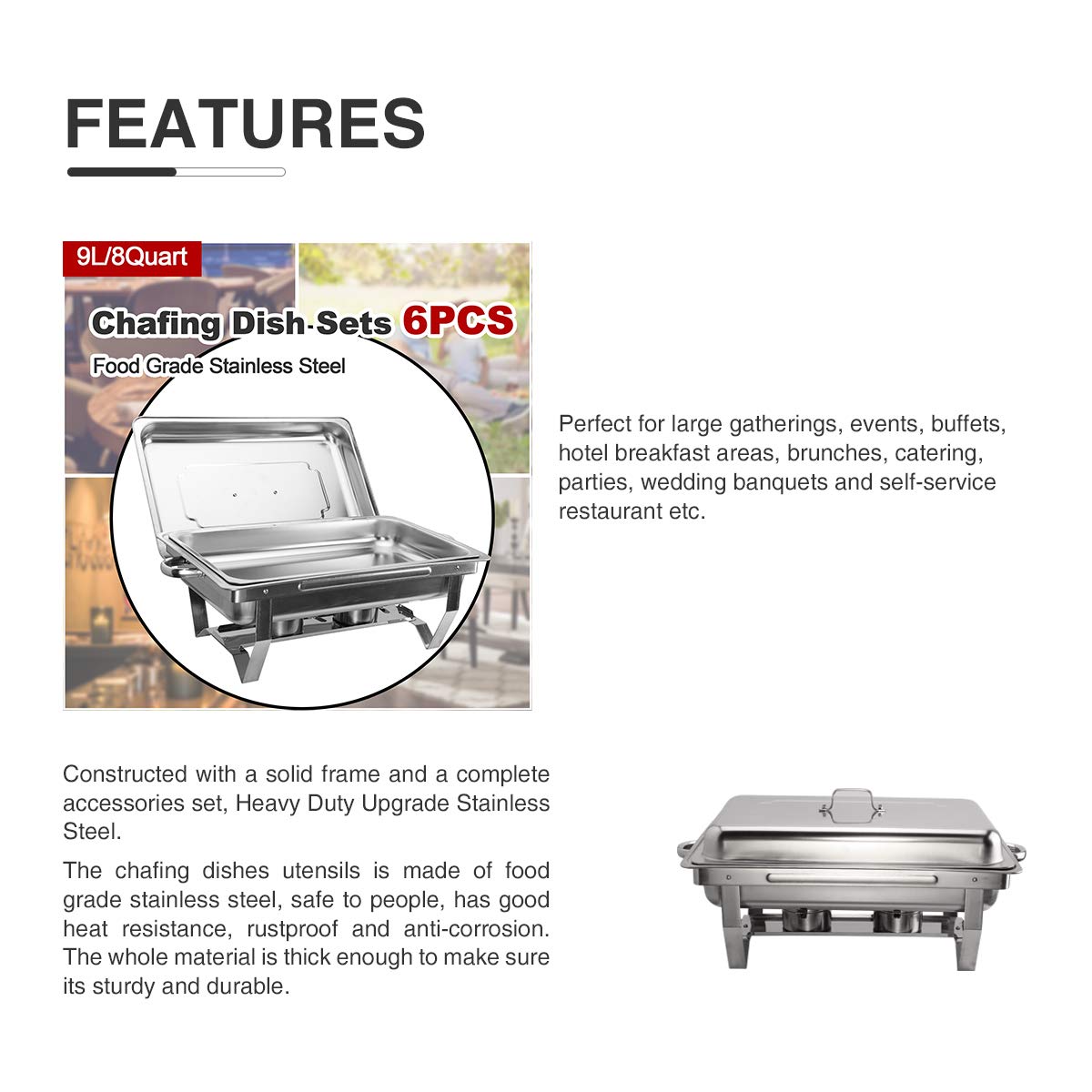 CREWORKS 6 Pièces Chauffe Plats INOX, 9L Chafing Dish en Acier Inoxydable, Chauffe Plat Rectangulaire pour Buffet Chauffants