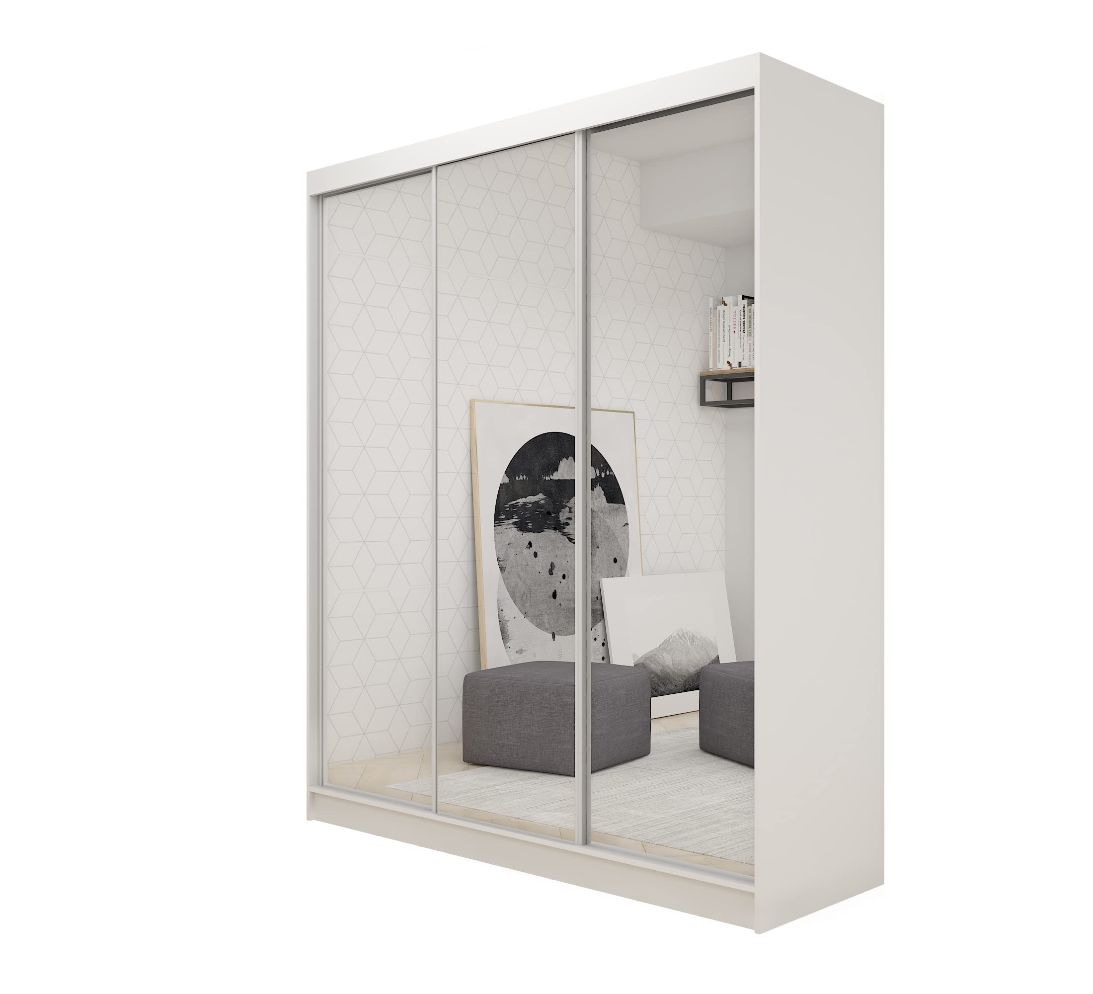 Kleiderschrank Darix mit Spiegel, Organizer, Mehrzweckschrank, Schwebetürenschrank, Garderobenschrank, Kleiderstange, Kleiderständer, Flurschrank, 3-türig, Schrank, weiß, 180 cm