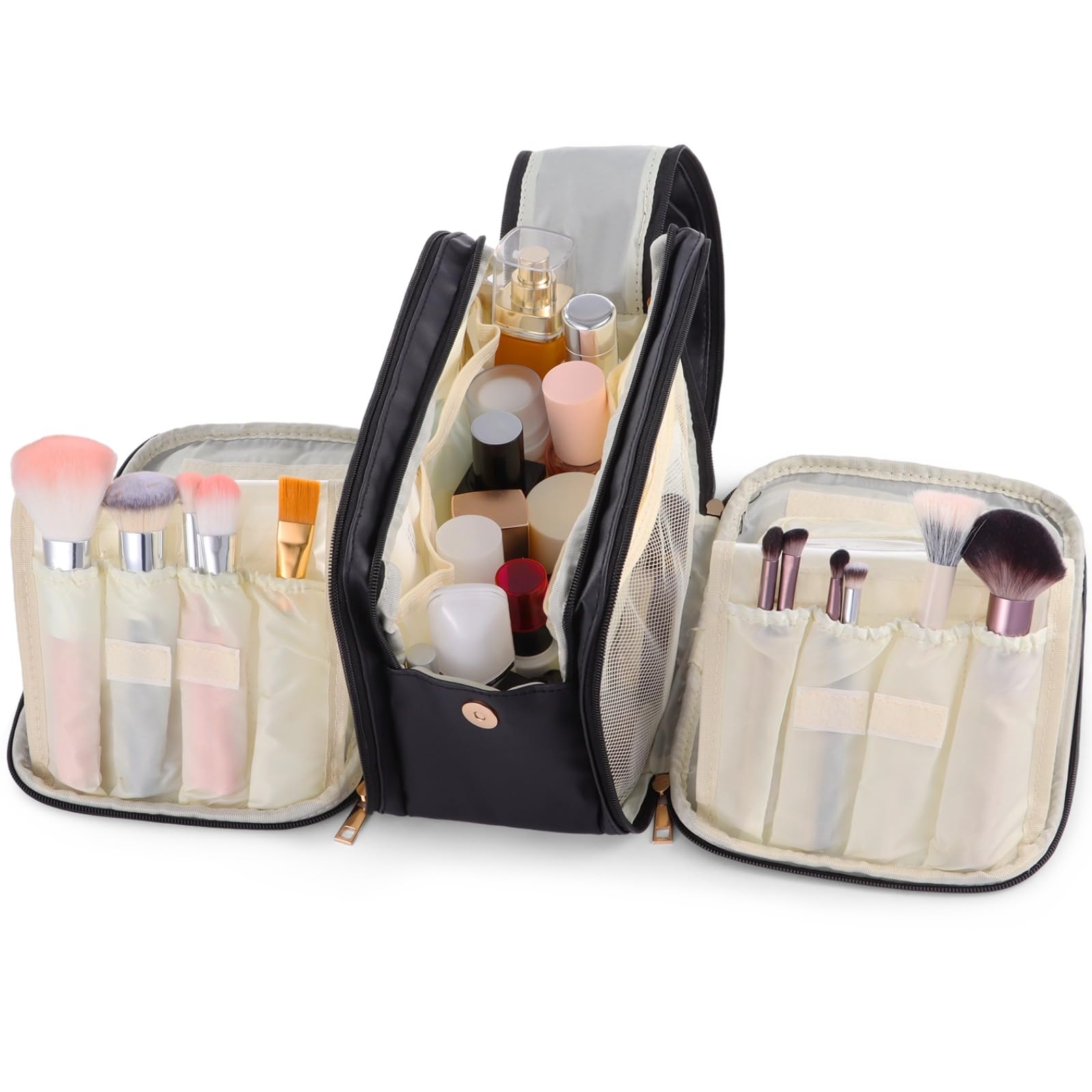 Kosmetiktasche für Reisen, große Make-up Tasche mit Mehreren Ebenen, Organizer mit Griff, PU Leder, wasserabweisend, tragbare Reißverschlusstasche mit aufstellbarem Pinselhalter