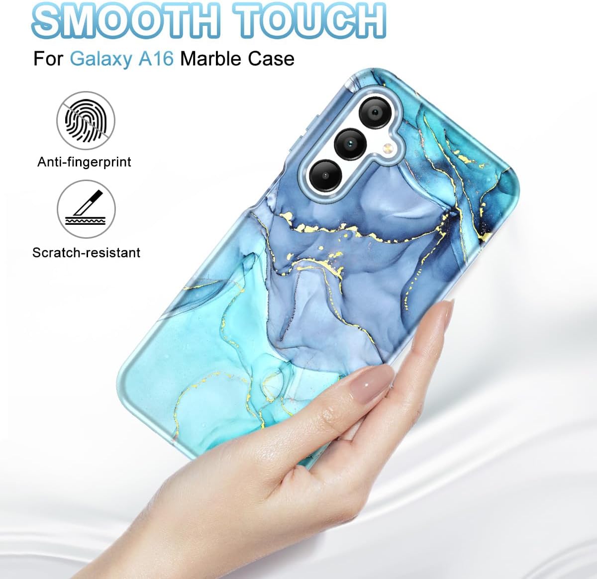 Btscase for Samsung Galaxy A16 5G Case, Marble Pattern 3 in 1 Heavy Duty Shockproof Full Body Rugged Hard PC+Soft Silicone Drop Protective Women Girl Cover for Samsung Galaxy A16 5G,Blue Cyan image 3