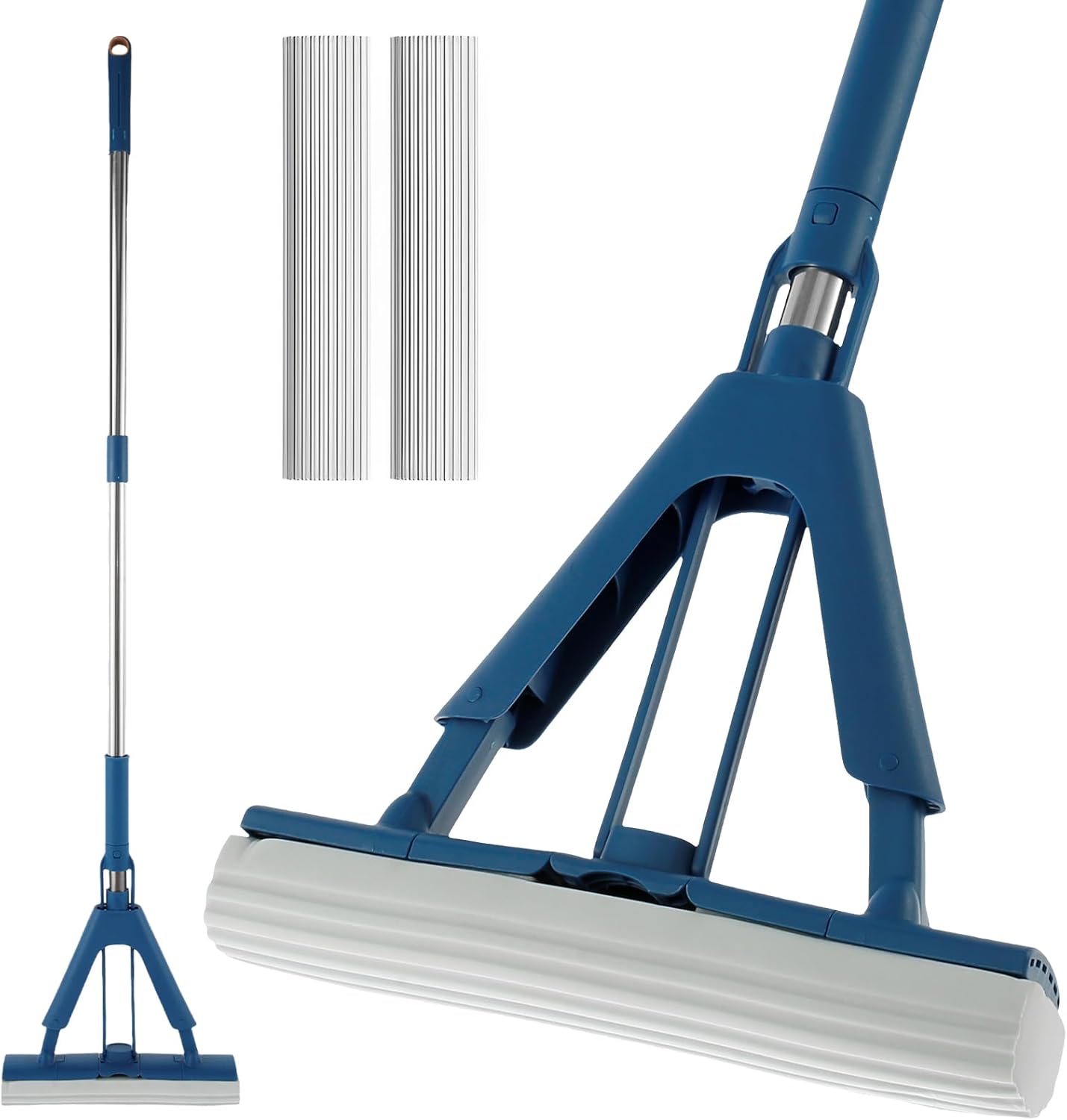 Sponge Mop Absorbent Roller Foam Mop with 50.39inch Extendable Handle and 2 Sponge Heads Self Wringing Mop Adjustable Cleaning Wet Mop for Hardwood Tile Kitchen Bathroom