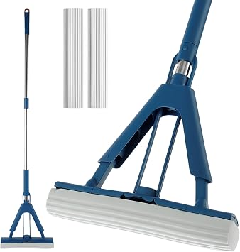 Sponge Mop Absorbent Roller Foam Mop with 50.39inch Extendable Handle and 2 Sponge Heads Self Wringing Mop Adjustable Cleaning Wet Mop for Hardwood Tile Kitchen Bathroom