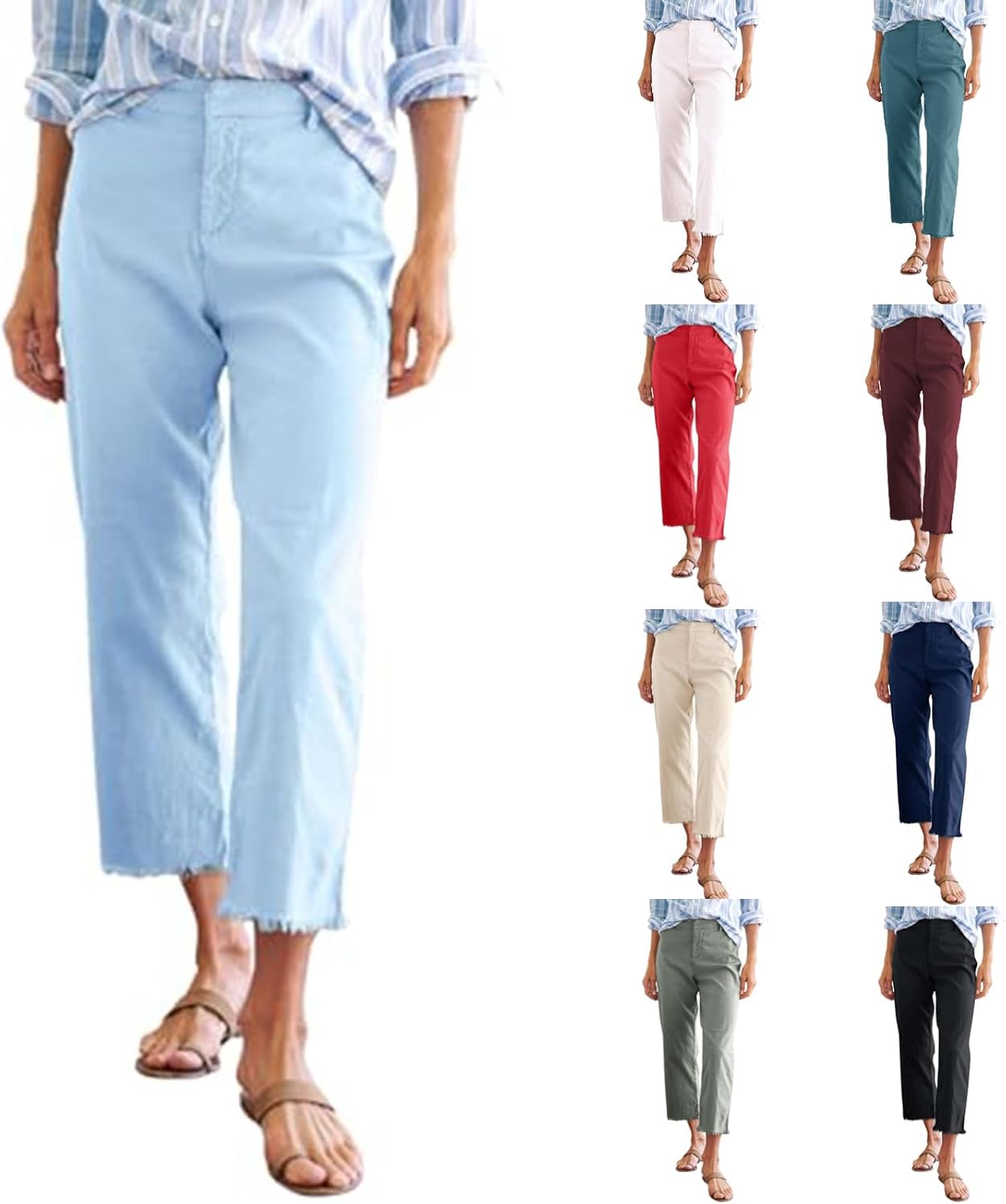 Tatumaie Cropped Linen Pants Women High Waisted Straight Leg Capri Work Trousers Business Casual Raw Hem Ankle Pants Pockets