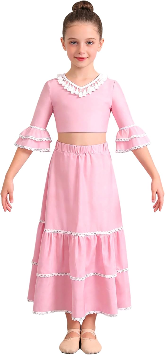 Girls Flamenco Dance Outfit Set 3/4 Ruffle Sleeve Crop Top & Tiered Maxi Skirt with Lace Trim for Performance Pink 16 Years