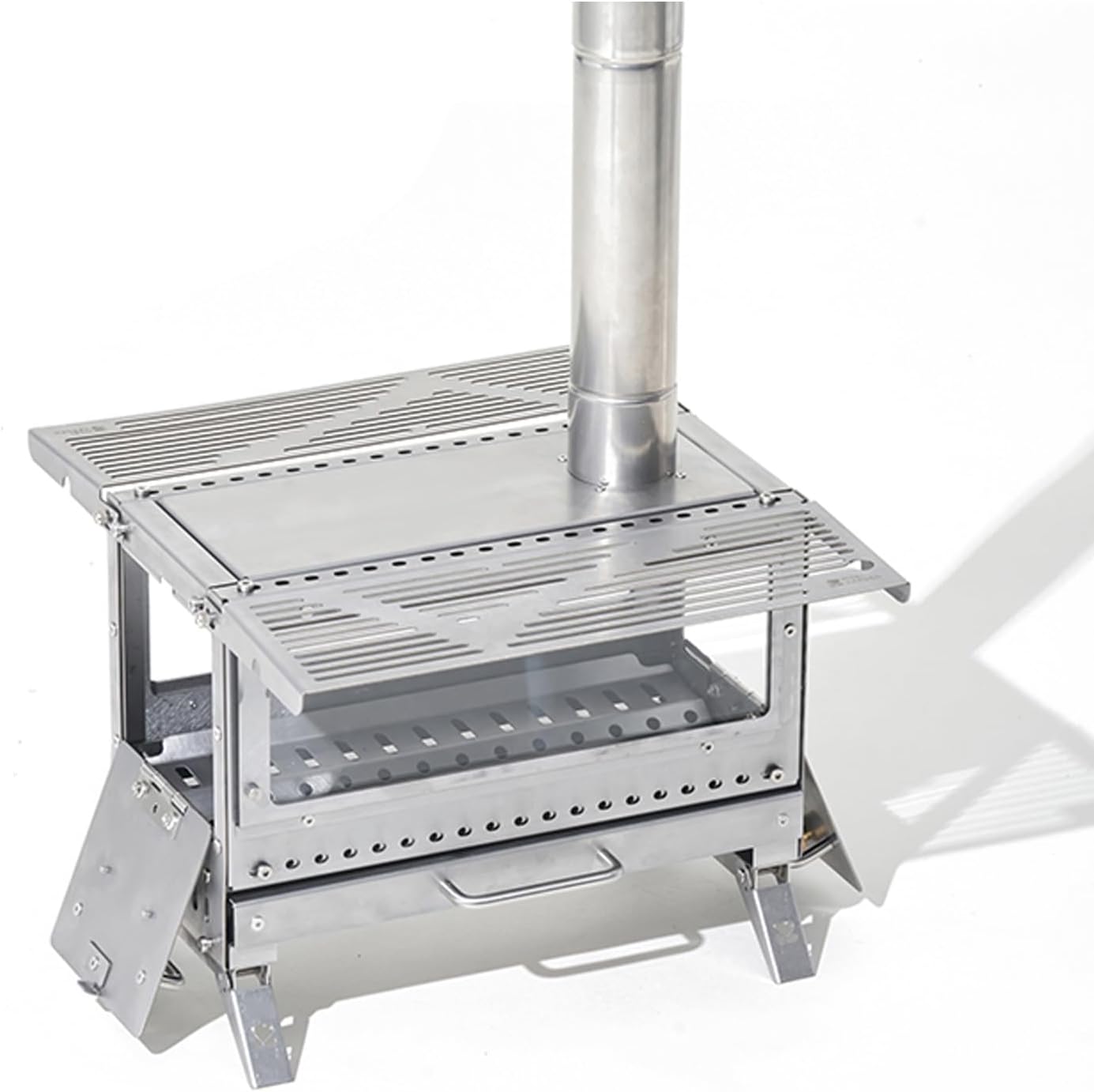 Camp Stove, Stainless Steel Tent Stove, Folding Wood-stove with Side Panel and Viewing Window, for Outdoor Heating, Cooking