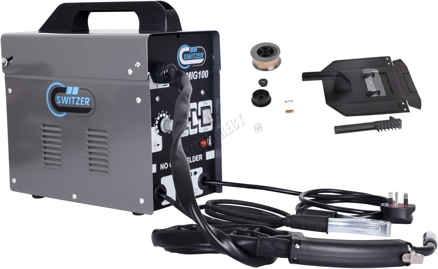 SwitZer Portable Gasless Welder Welding 230V 50-100A Machine with Kits Mask Arc MIG Wire Voltage MIG100 Grey