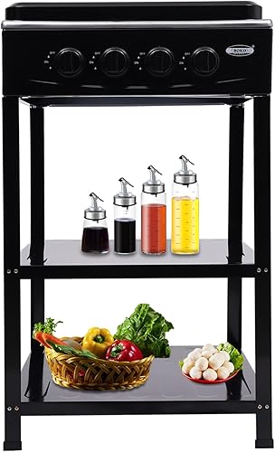 Miniatura 10 de Estufa de gas de 5 quemadores, estufa de gas natural y licuado portátil blanca con estantes de almacenamiento dobles, estufa de campamento Negro