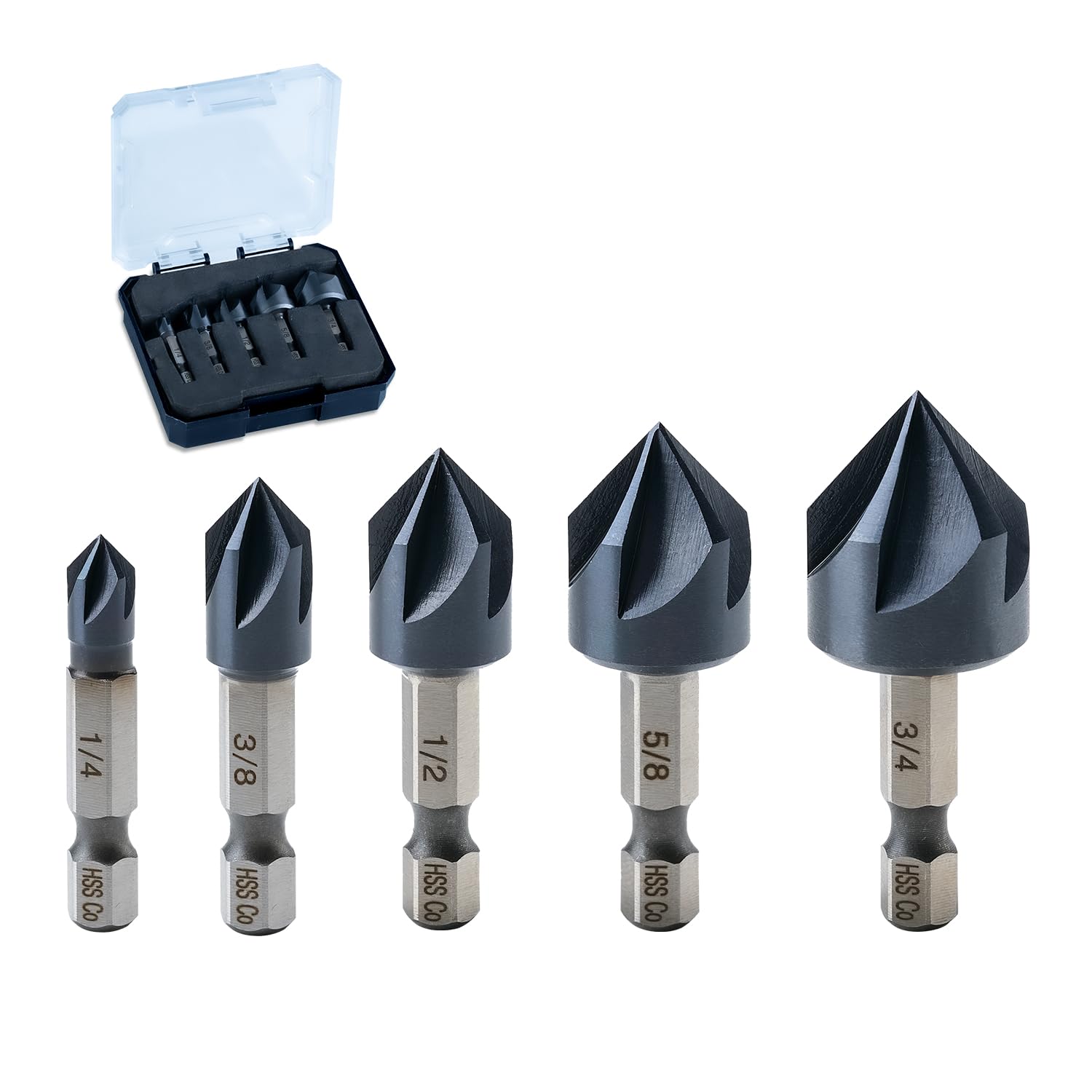 toolant Noir-Ti Pro Cobalt Countersink Drill Bit Set, TiAlN Coated 5-Pc 1/4"-3/4" Hex Shank for Fast Metal Chamfering