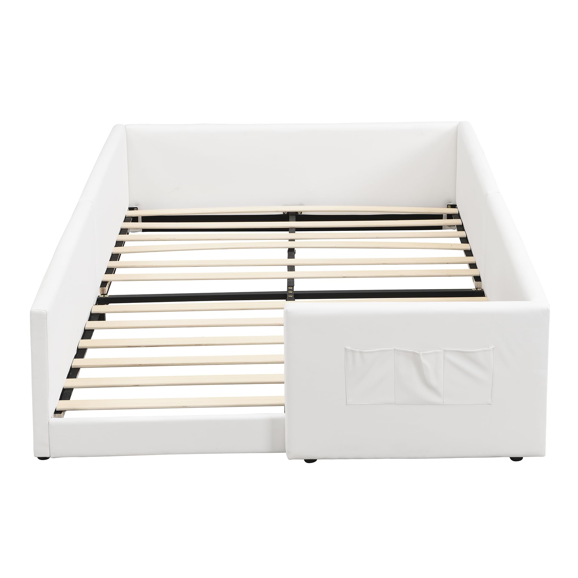 Montessori Letto a Terra per bambini 140 x 200cm, Letto imbottito PU con 3 pratiche tasche portaoggetti, Rete a doghe in Legno, letto Piazza e Mezza per Bambini(senza materasso)