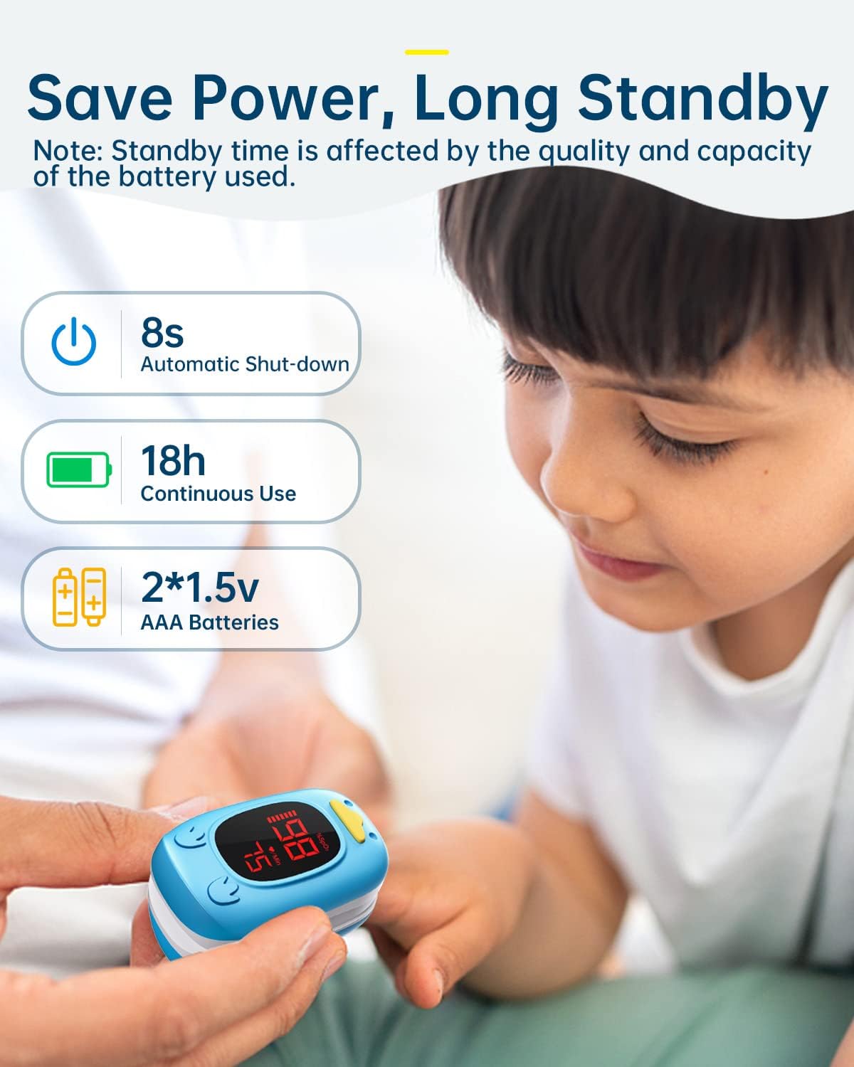 Table showing measurement ranges and accuracy for SpO2, PR (Pulse Rate), and PI (Perfusion Index) on the HOLFENRY Children Pulse Oximeter.