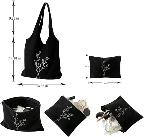 Miniatura 9 de KIEKIECOO Bolsa de lona negra estética personalizada personalizada reutilizable bolsas de comestibles florales arte compras bolsa de hombro