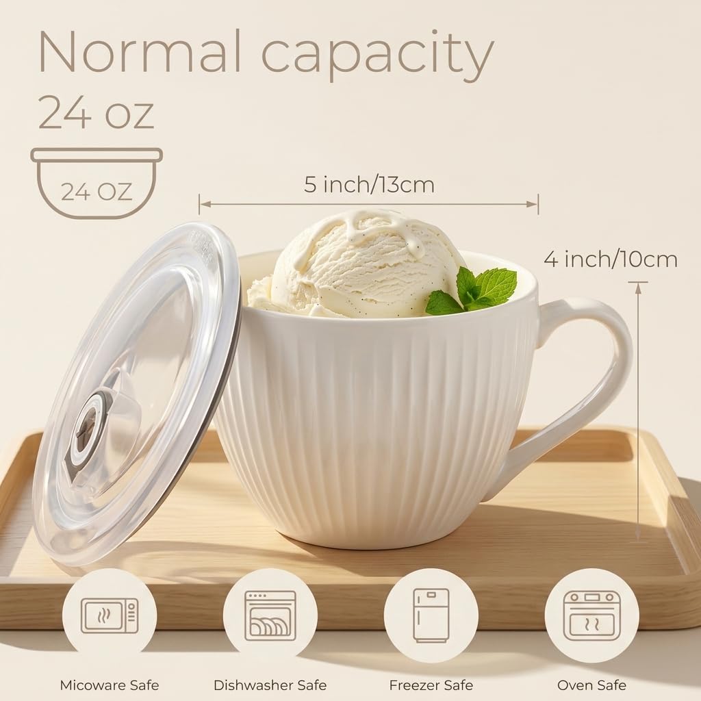 Tasse à soupe en céramique avec couvercle, 1 grand bol à bouillie et à céréales, passe au micro-ondes avec poignées pour ramen, porridge, préparation des repas, petit déjeuner, cadeau idéal pour