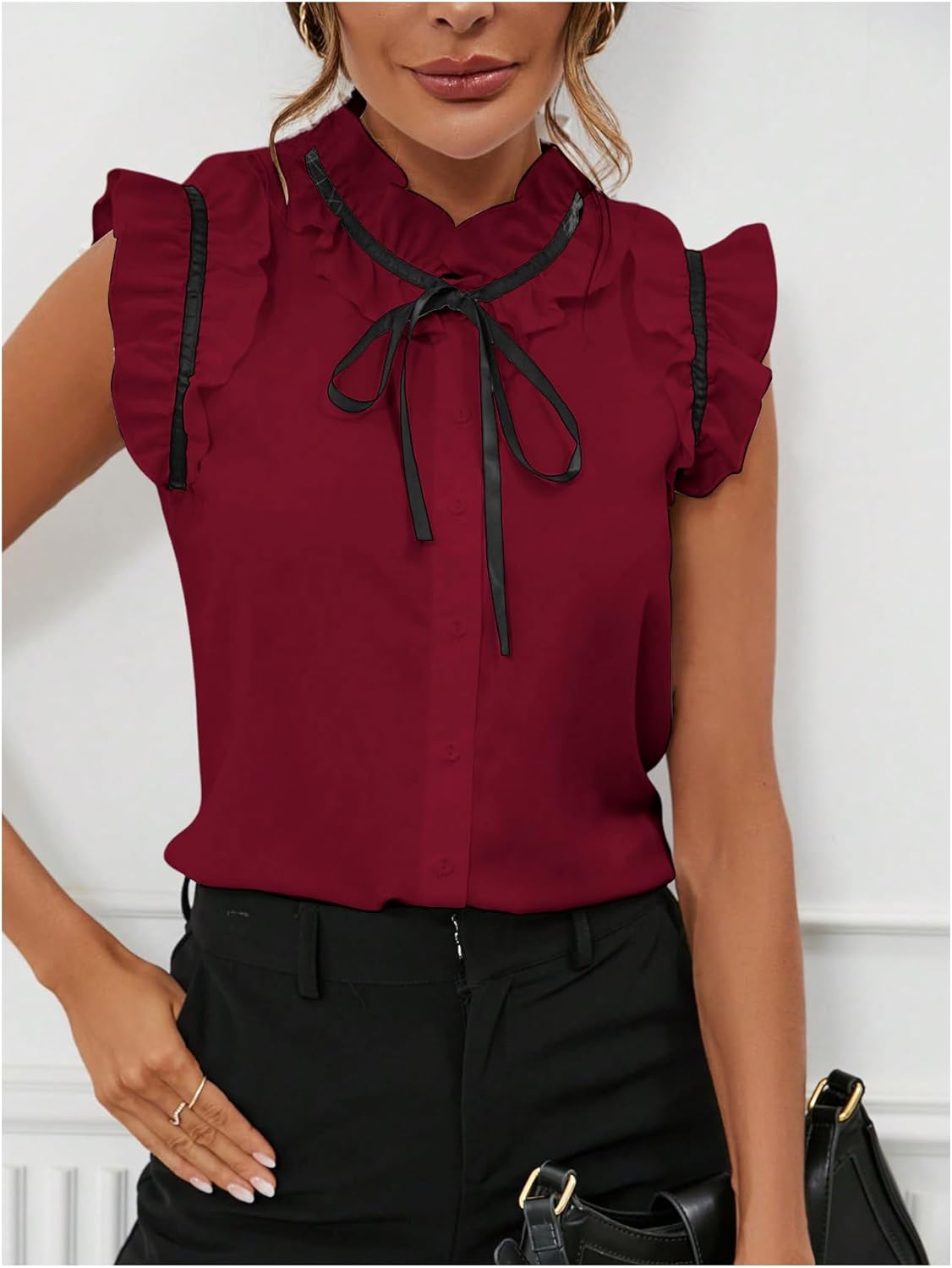 Women's Work Office Blouse Elegant Bow Tie Neck Ruffle Trim Vintage Blouse Business Casual Shirt Top - Image 3