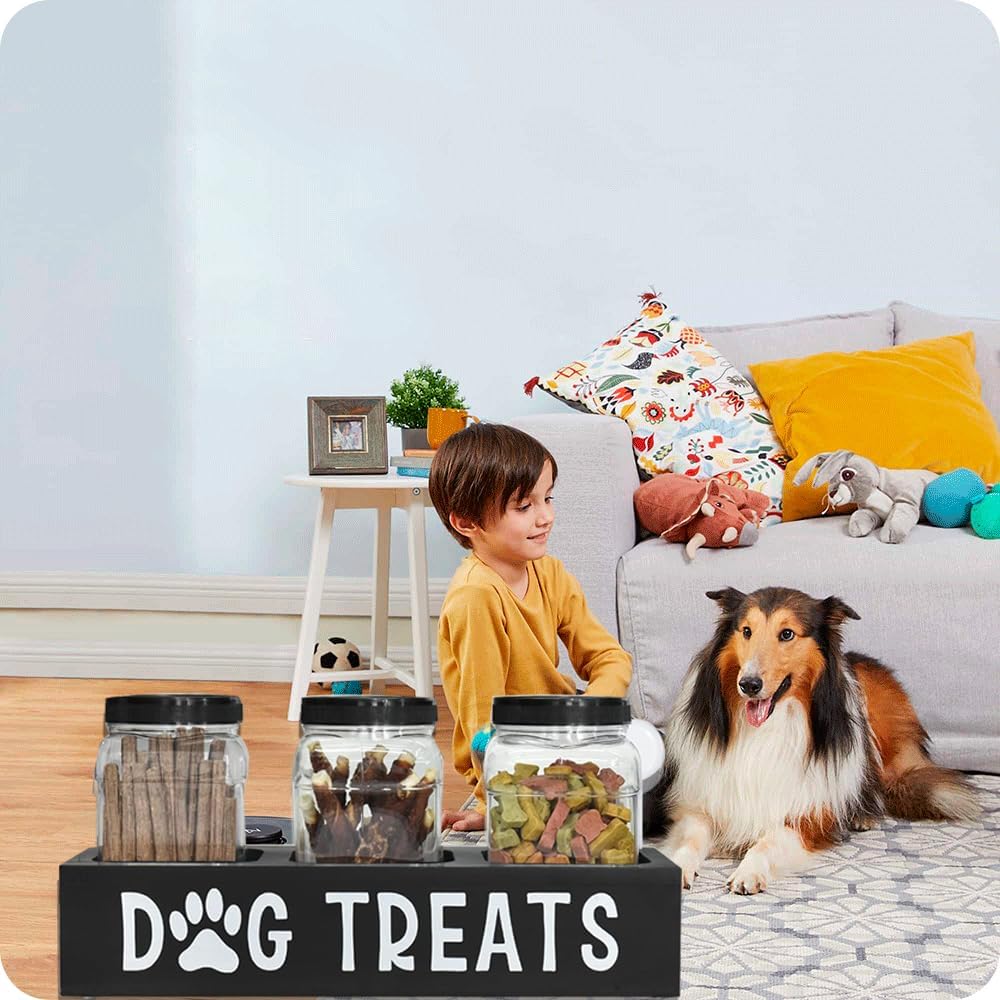 Dog Treat Container for Countertop, Dog Food Storage Container with 3 Jars, Dog Food Storage Canister for Kitchen Countertop, Pet Food Organizer For Puppy, Black