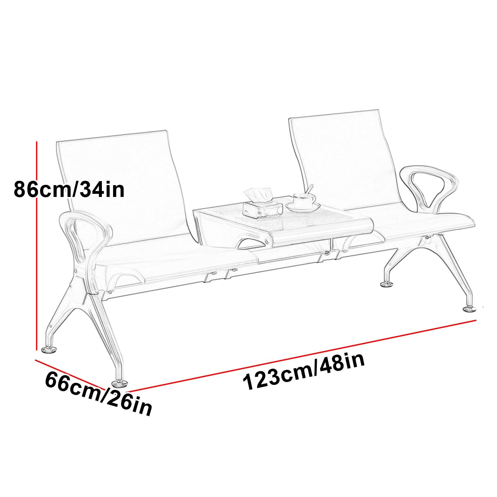 Wartezimmerbank mit 2 Sitzen und Kleinem Tisch, Bürostuhl mit Armlehnen, Empfangsbank aus PU-Leder für Büro, Flughafen, Bank, Krankenhaus(Gray)