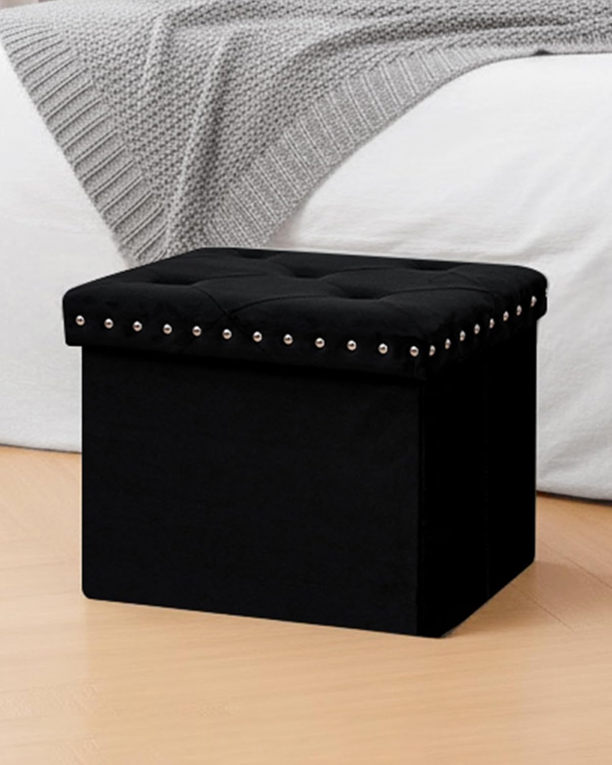B FSOBEIIALEO Storage Ottoman Cube Folding Tufted Ottomans, Storage Boxes Footrest for Bedroom, Luxury Velvet Fabric 16.5 * 12.6 * 12.6 Inches Black