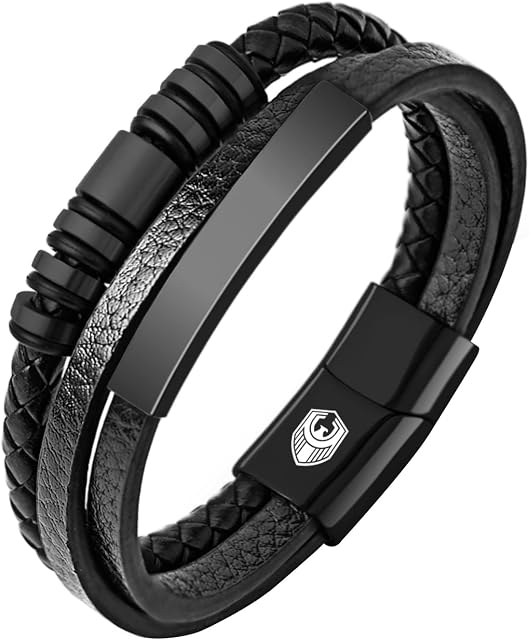 Mens Leather Bracelet Silver, Handmade Braided Leather Bracelets for Men with Magnetic Stainless Steel Clasp and Exclusive Bracelet Jewellery Box for Mens Gifts Idea
