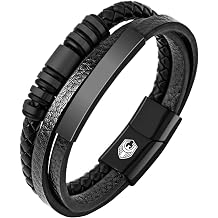 Leather Bracelet, Mens Braided Leather Cuff Bracelets for men, Cowhide Braided bangle, punk wristband, 7.5-8.7 Inches, with Stainless Steel Magnetic Clasp & Premium Gift Box Black, 7.9