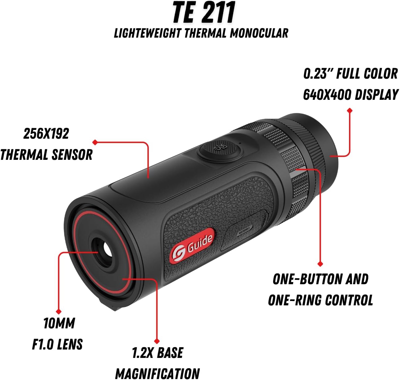Guide TE211 Thermal Monocular, 10mm Focal Lens, 256×192(50Hz) 12μm Handheld Night Vision Infrared Scope with 6-Hour Battery Life, 20W Quick Charging, Thermal Imaging Monocular for Hunting, Outdoor