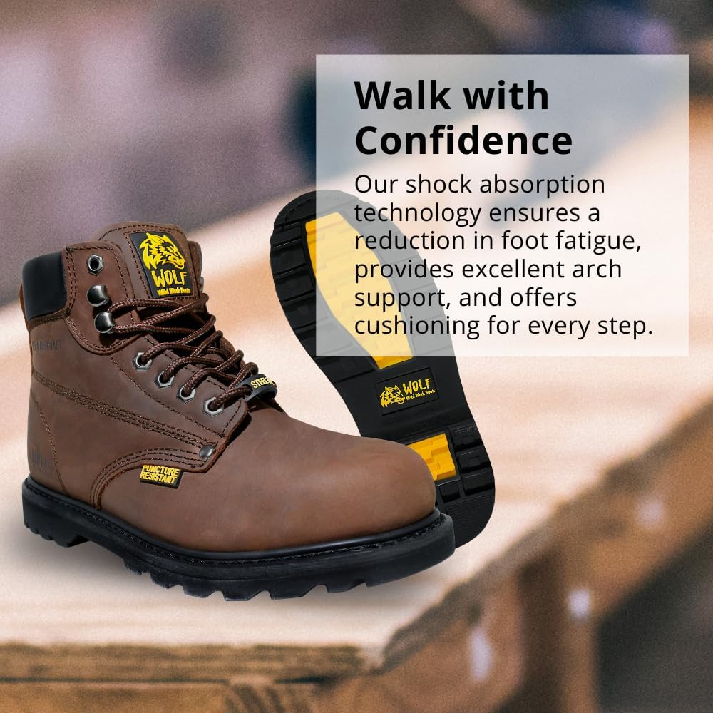 Wolf Work Boot | 100% Genuine Upper Leather | Oil Impact | Electrical Hazards | Non-Slip Rubber Sole | Tan Nubuck Plain Toe | Padded Collar | Construction | Industrial PPE