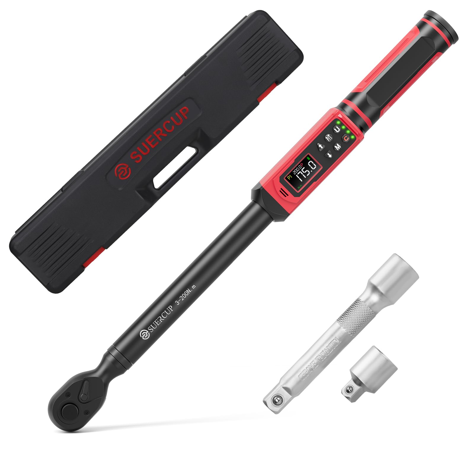 SUERCUP Llave dinamométrica digital de 1/2 pulgadas, 3-200 Nm, ± 1% de precisión, llave dinamométrica digital con vibración, zumbador, notificación LED y cinco unidades de medición, para reparación de