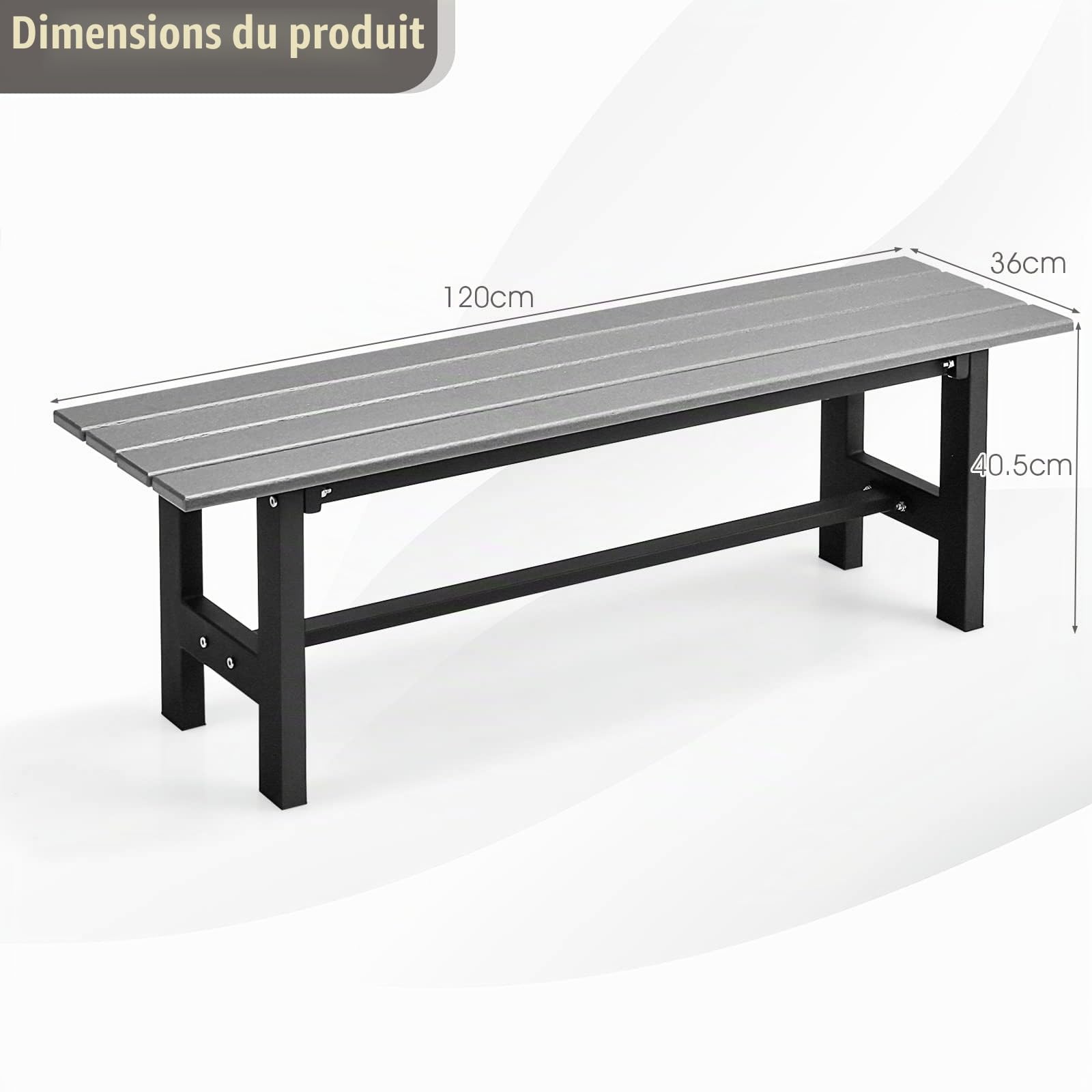 KOMFOTTEU Banc Jardin, Métal + HDPE, 2-3 Personnes, 120×36×40,5cm, Gris